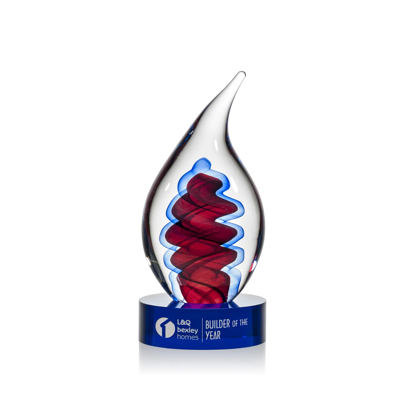 Custom Glass Flame Award in Blue, Clear, or Red for team milestone celebrations