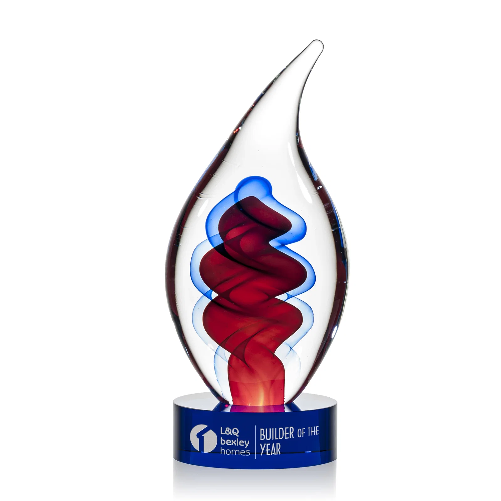 Custom Glass Flame Award in Blue, Clear, or Red for graduation ceremonies