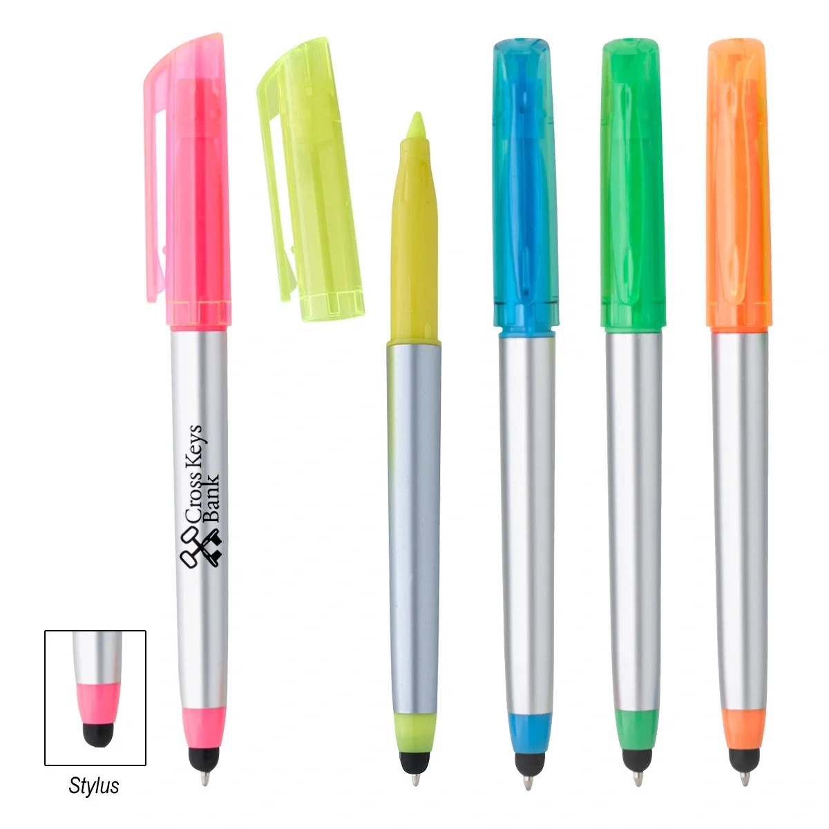 Three-in-one stylus pen with a matching highlighter cap