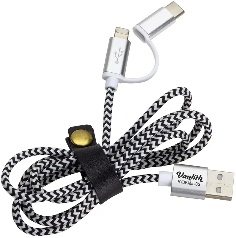Custom Trinity Nylon 3-in-1 charging cable, front view of the branded braided cord
