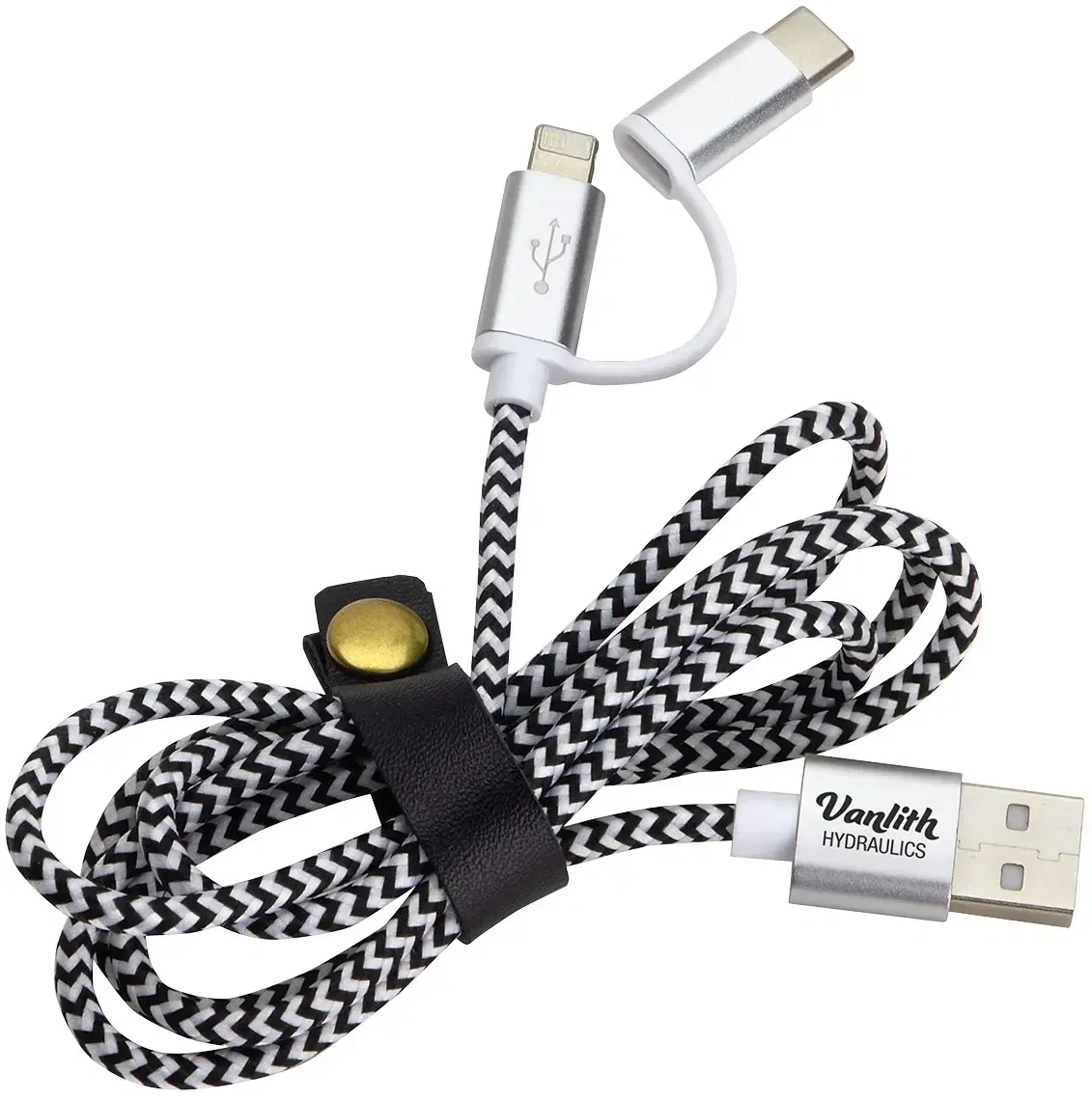 Custom Trinity Nylon 3-in-1 charging cable, front view of the branded braided cord