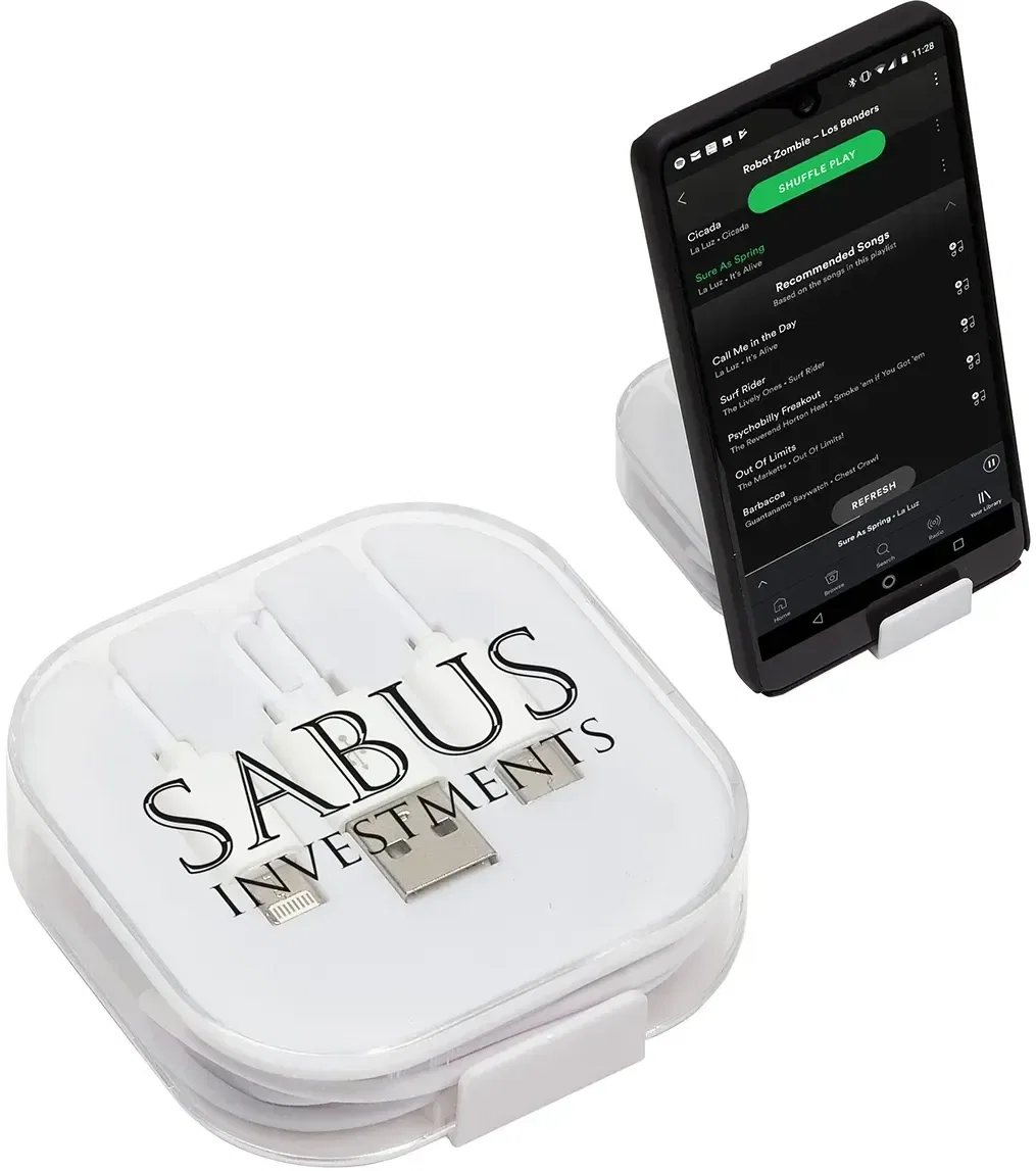 Trio 3-in-1 phone stand charging cable with custom logo, front view of the compact plastic promotional cable