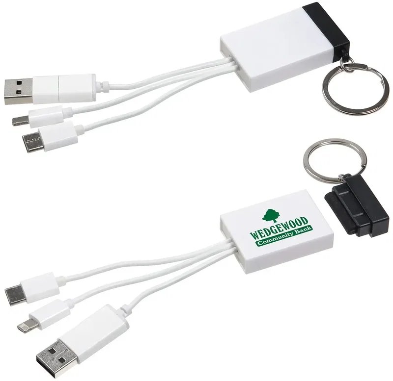 Promotional Triplet charging cable coiled, branded tech giveaway with logo detail
