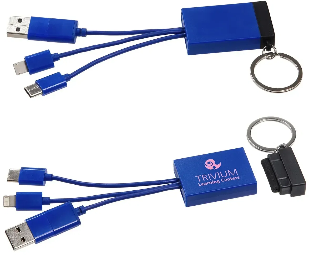 Branded Triplet cable showing the screen cleaner pad, promotional 3-in-1 charging cord