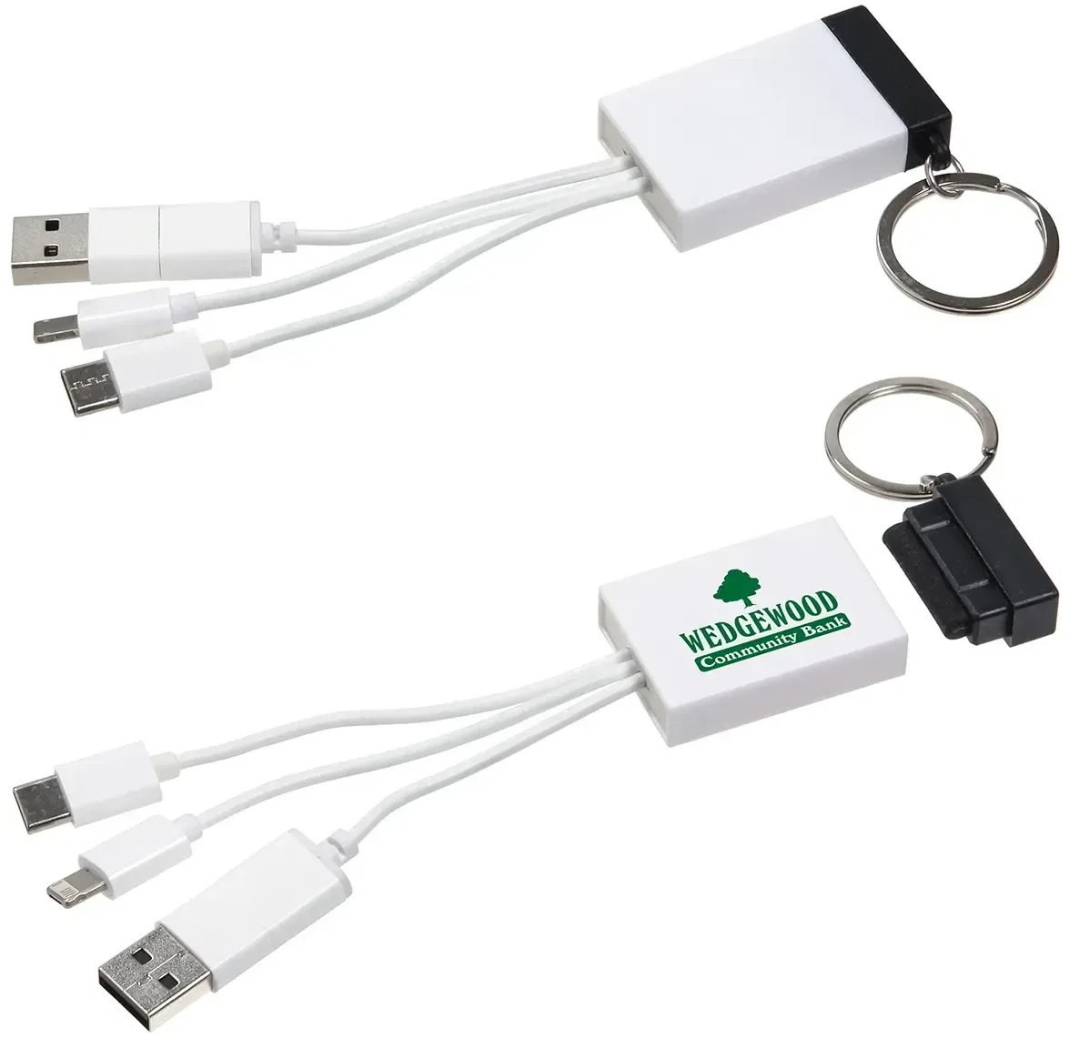 Promotional Triplet charging cable coiled, branded tech giveaway with logo detail