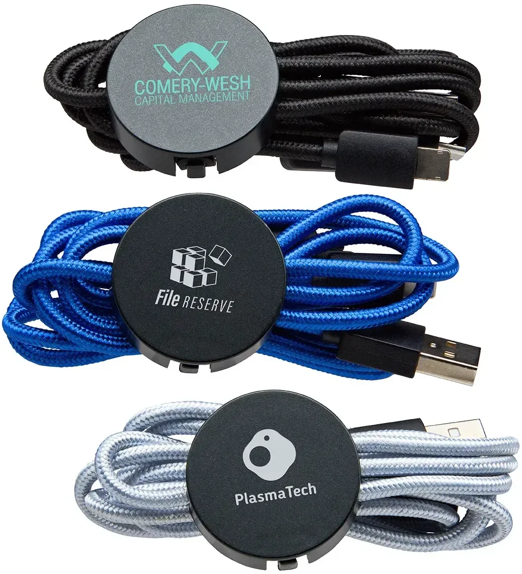 Custom Triplex 3-in-1 Light-Up Charging Cable, front view of the branded tech gift