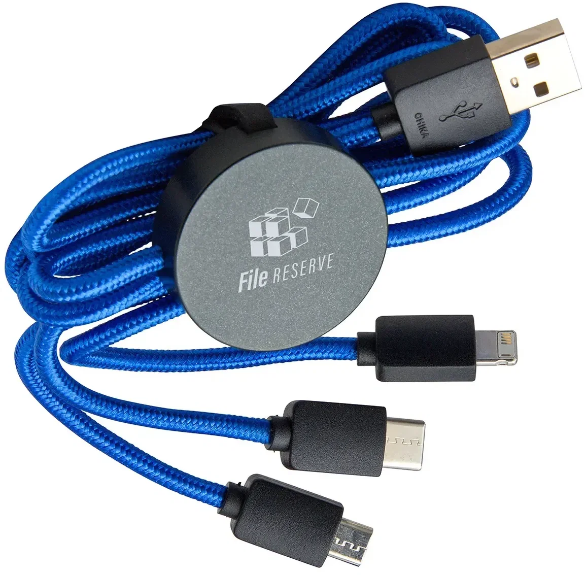 Custom Triplex 3-in-1 cable connectors close-up for Android and Apple devices