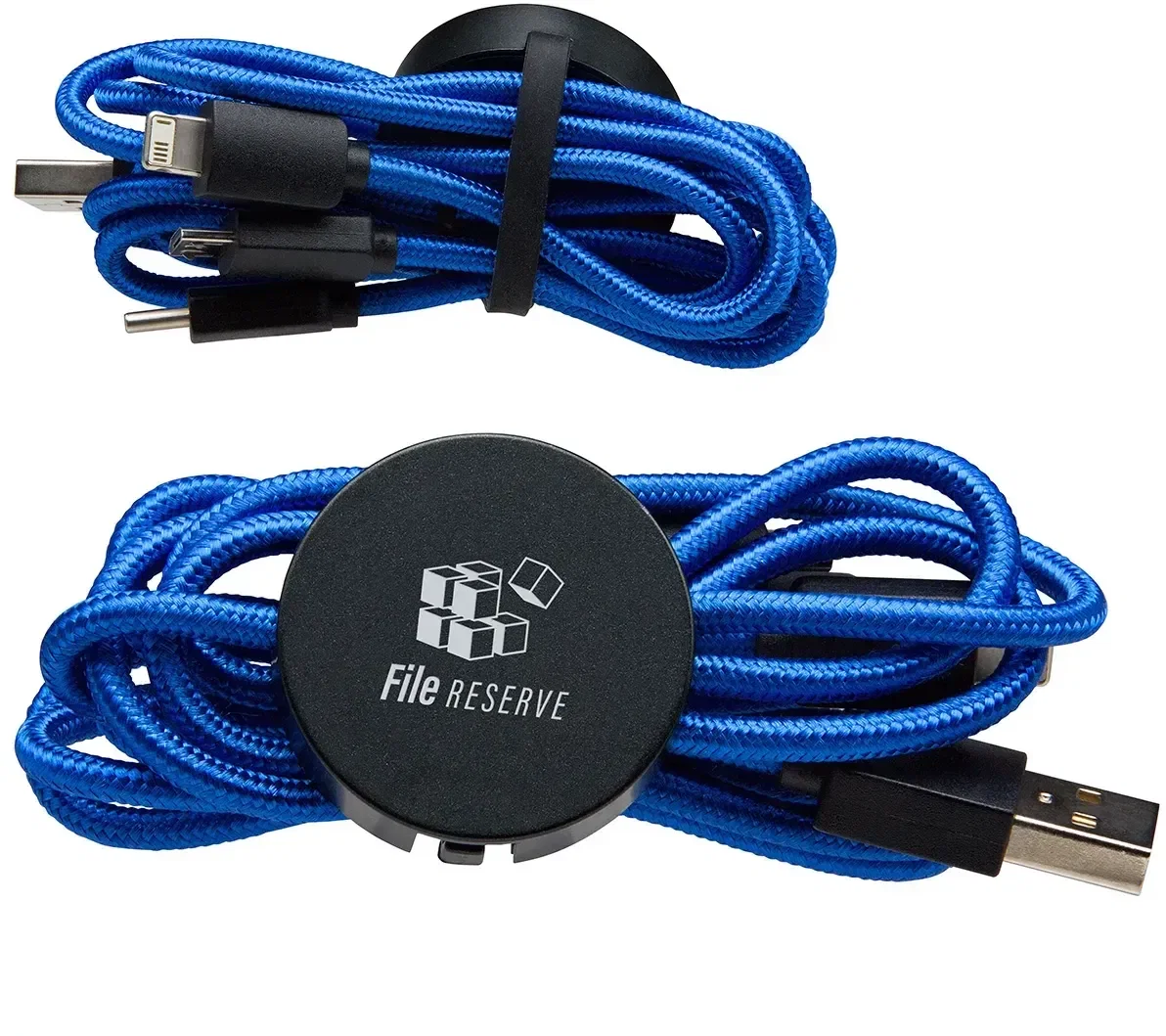Promotional Triplex light-up cable coiled, branded charging cable detail