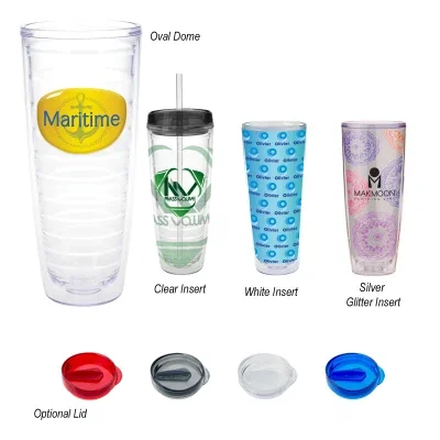 Tall clear Tritan tumbler standing on a plain surface