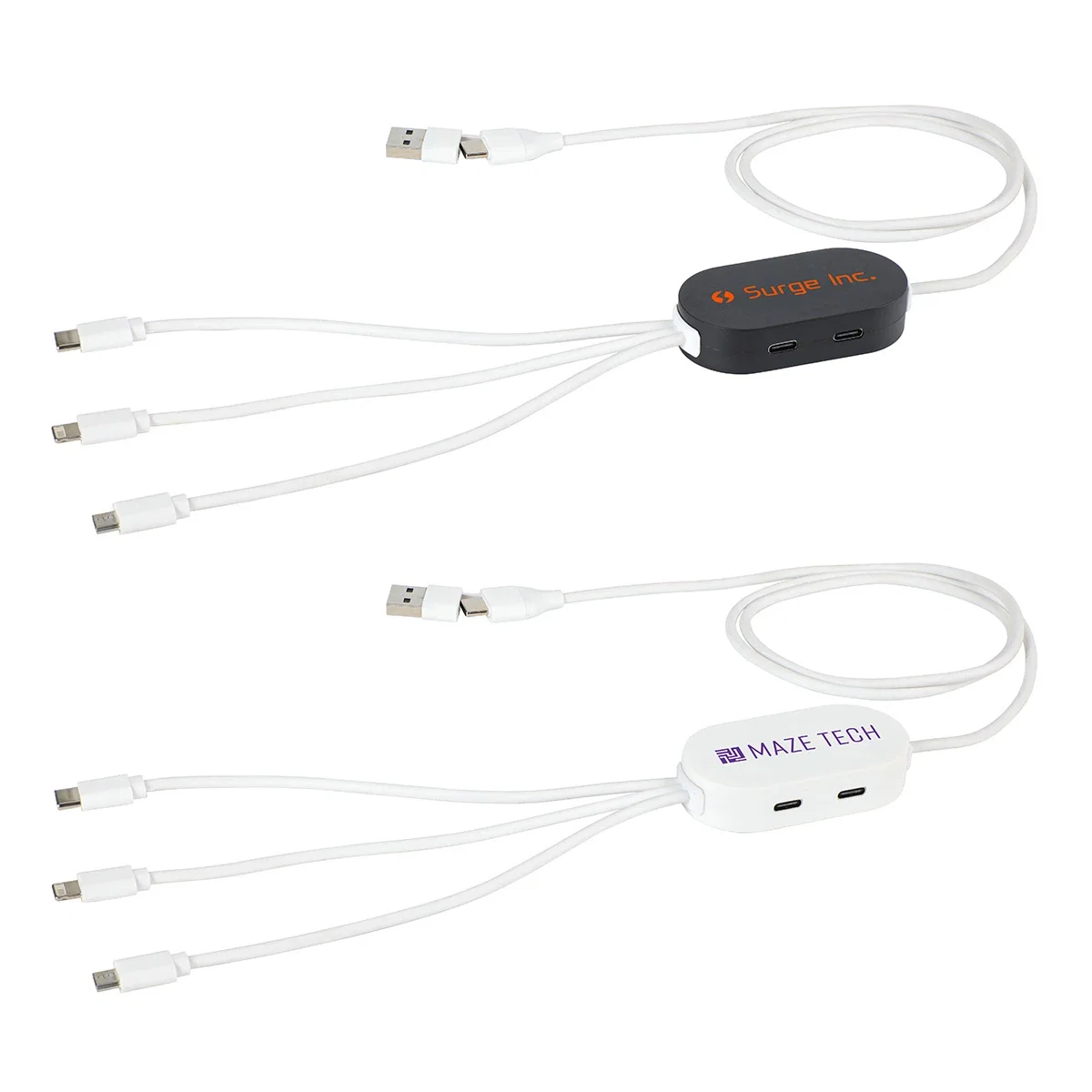 Custom Triumph 3-in-1 Charging Cable with 4-Port USB Hub, front view of the branded charging hub