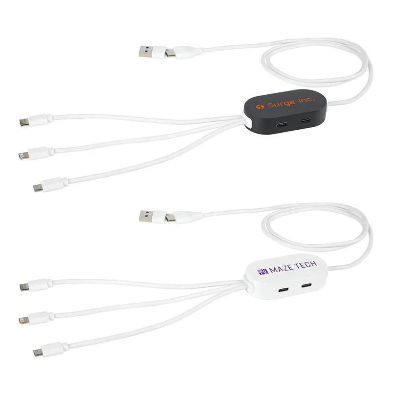 Custom Triumph 3-in-1 Charging Cable with 4-Port USB Hub, front view of the branded charging hub