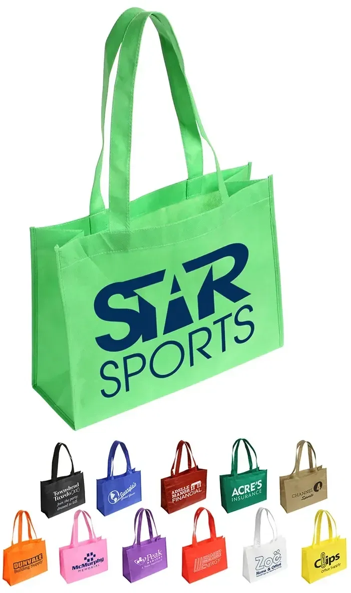 Custom Tropic Breeze gusseted non-woven tote, branded grocery bag front view with logo area