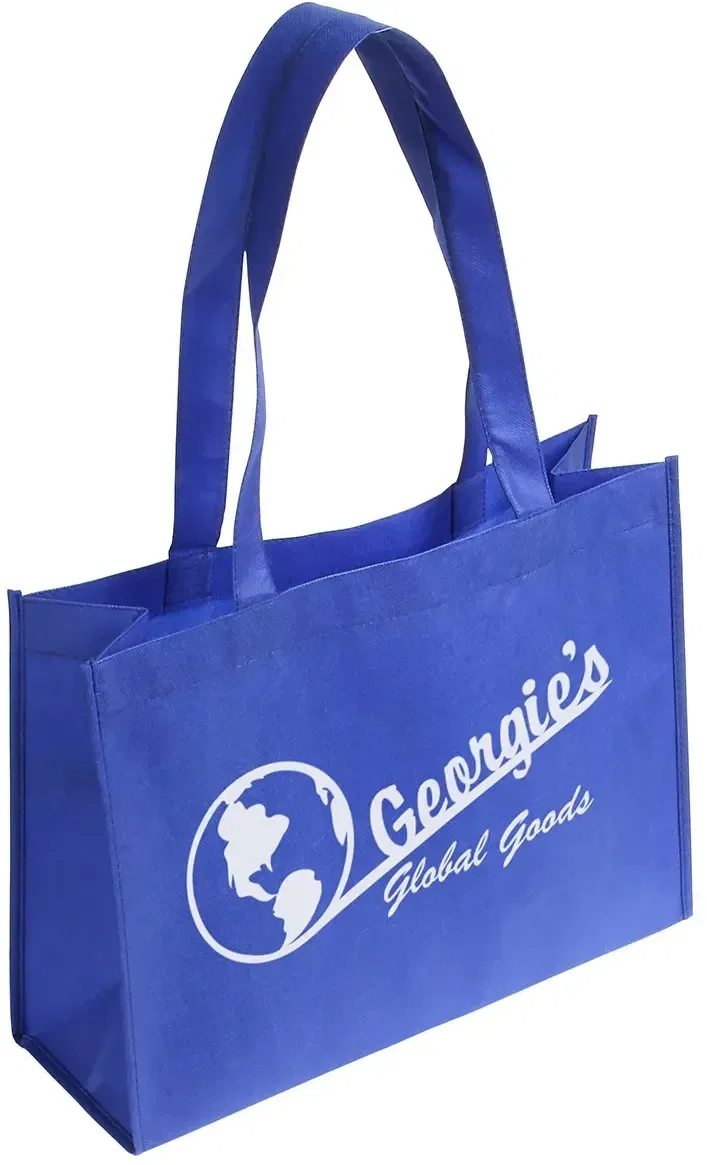 Promotional gusseted grocery tote with reinforced handles detail