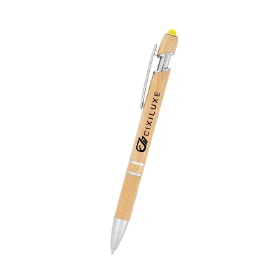 Bamboo barrel pen with a colored grip and stylus top