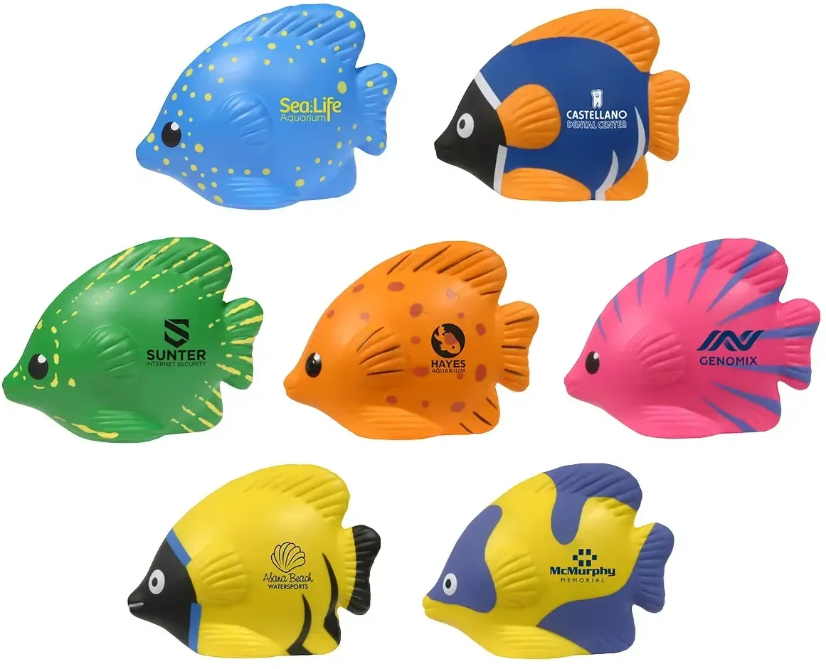 Tropical Fish Stress Reliever, front view of the custom reef-fish squeeze toy with printable logo space