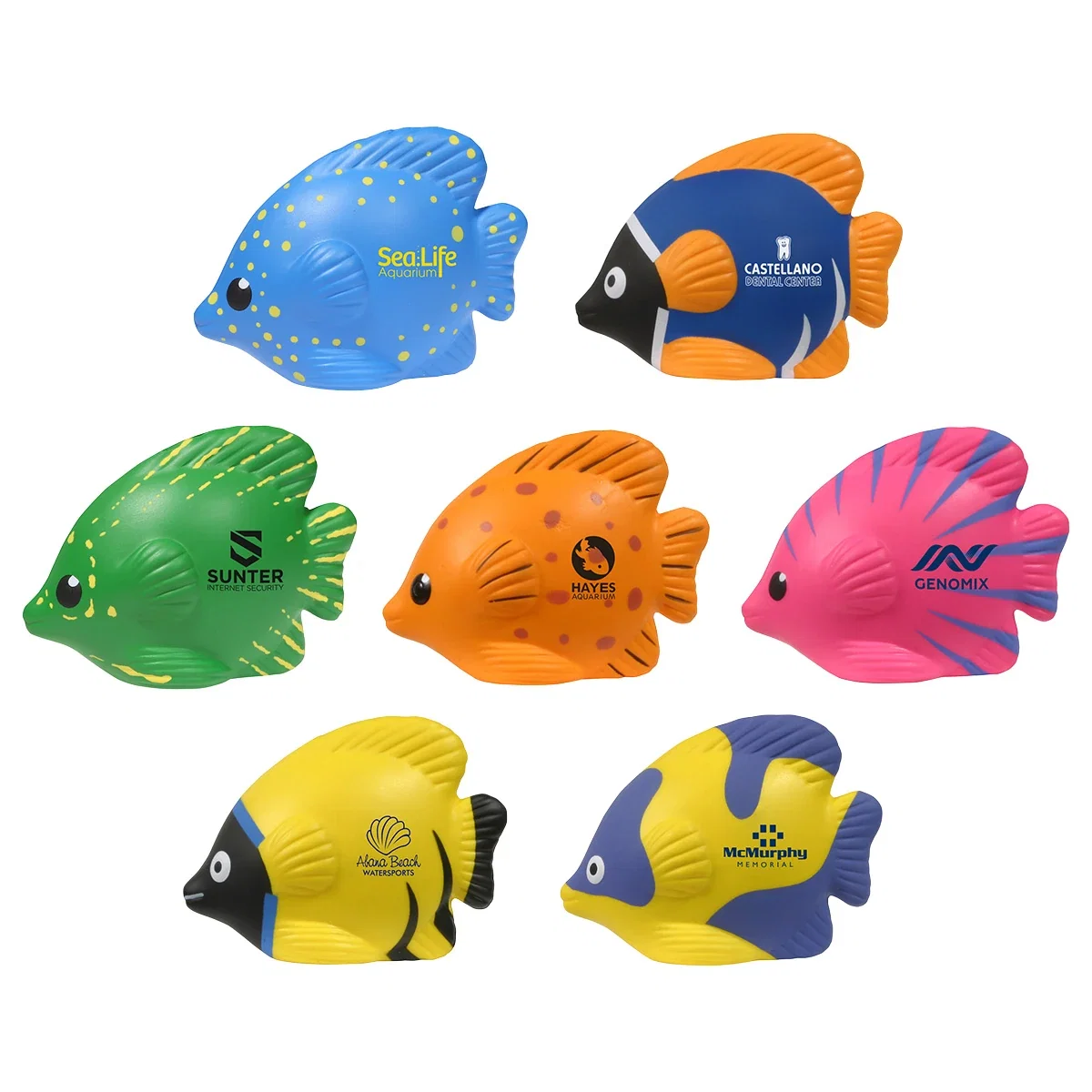 Tropical Fish Stress Reliever held in hand, a custom promotional reef-fish squeeze toy giveaway