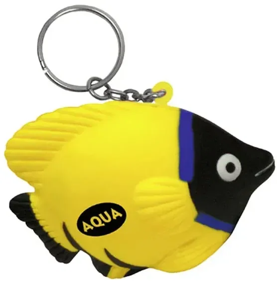 Branded tropical-fish stress ball keychain, side detail of the custom promotional giveaway