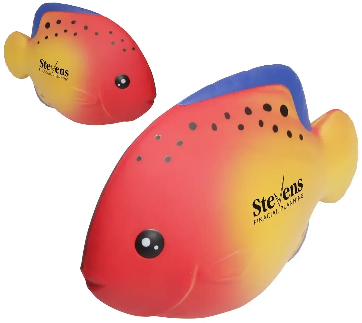 Custom tropical fish stress reliever wobbler with branded logo, promotional squeeze toy