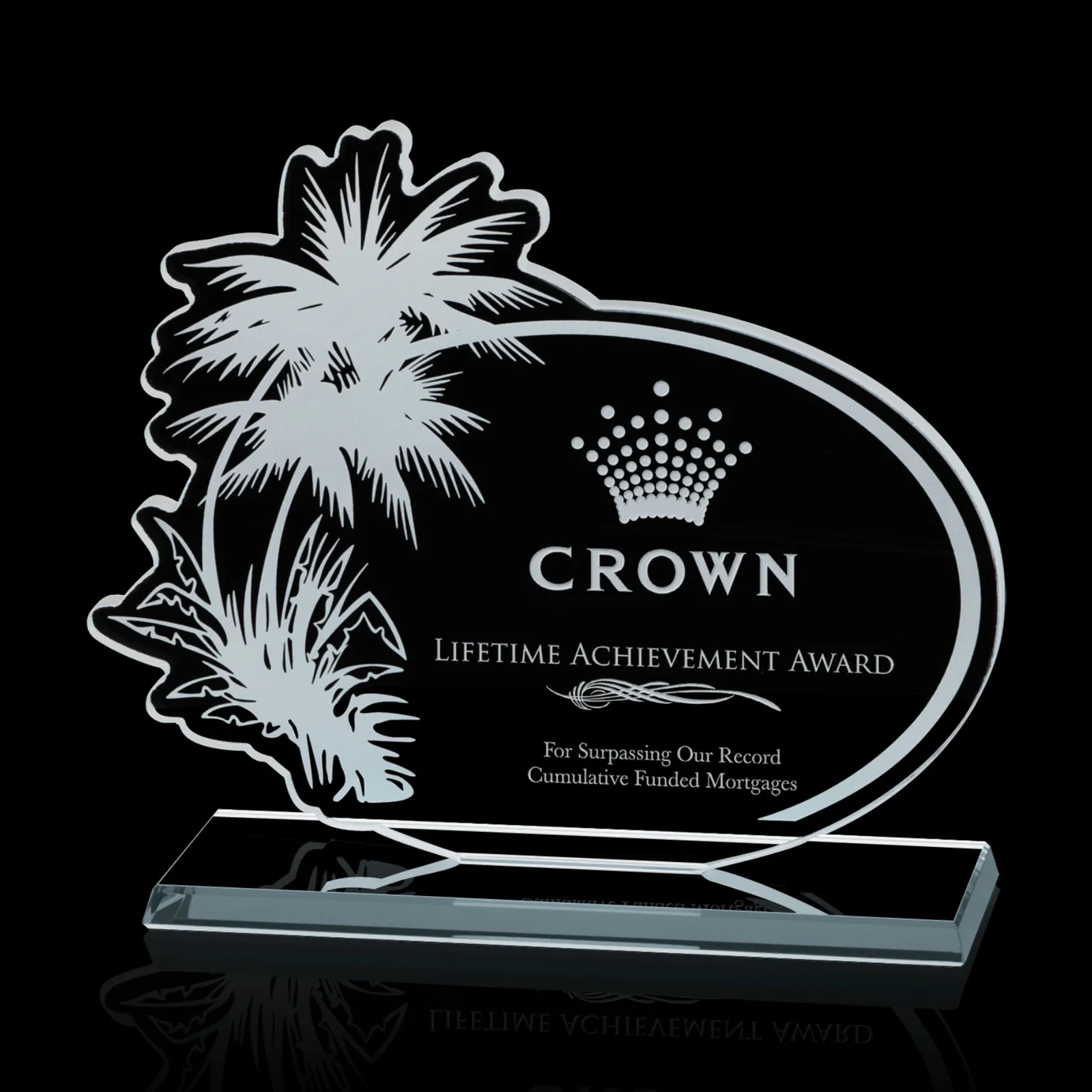 Custom Starfire Crystal Award with Palm Tree Grove for employee recognition