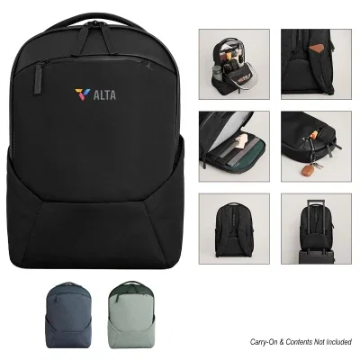 Black rPET backpack standing upright at nineteen inches tall