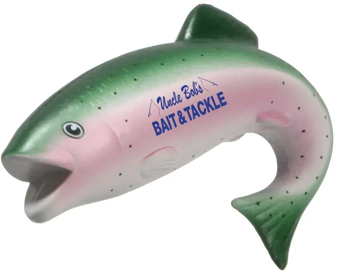 Trout stress reliever with custom logo, branded trout-shaped promotional squeeze toy for trade shows