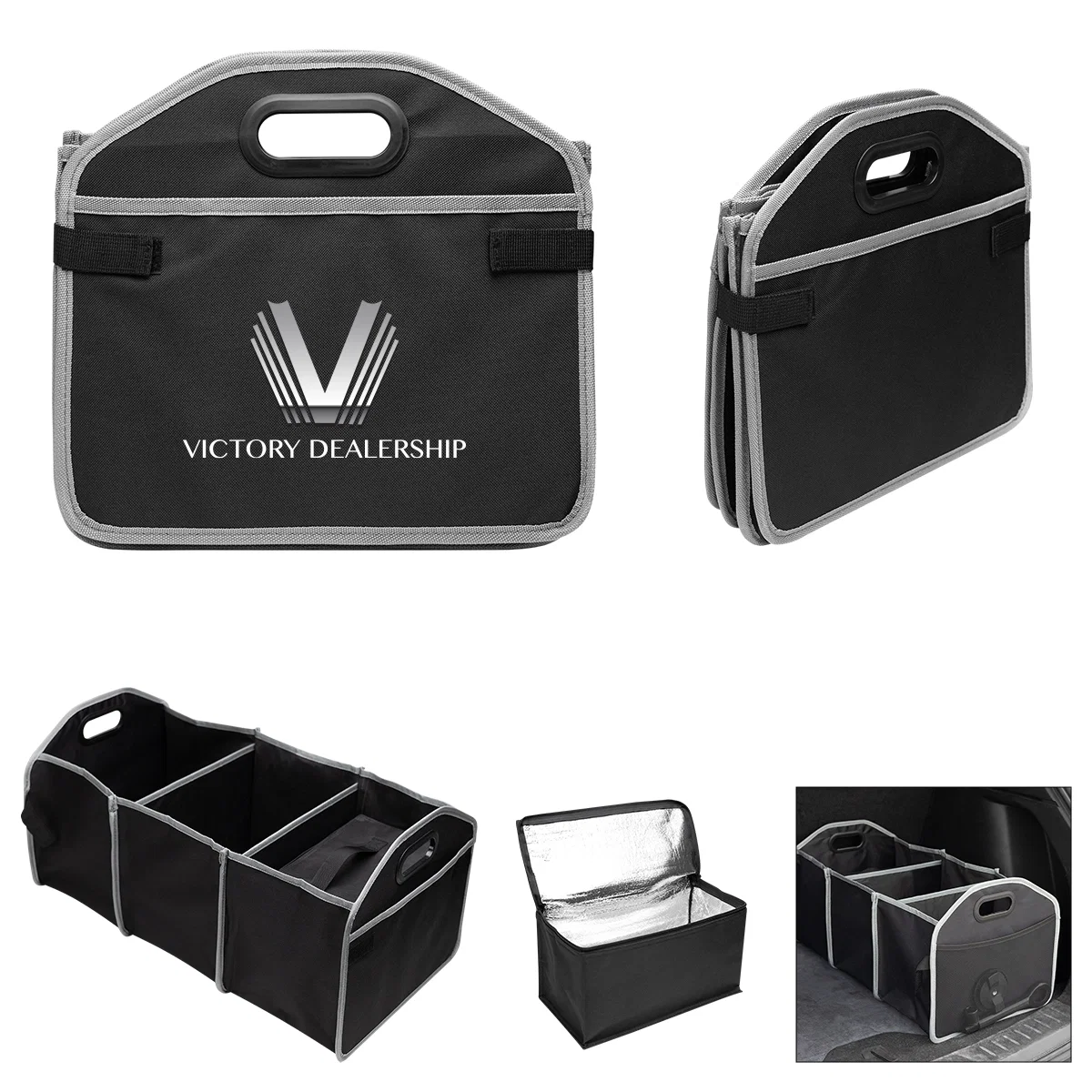 Trunk organizer with a built in cooler section, shown open