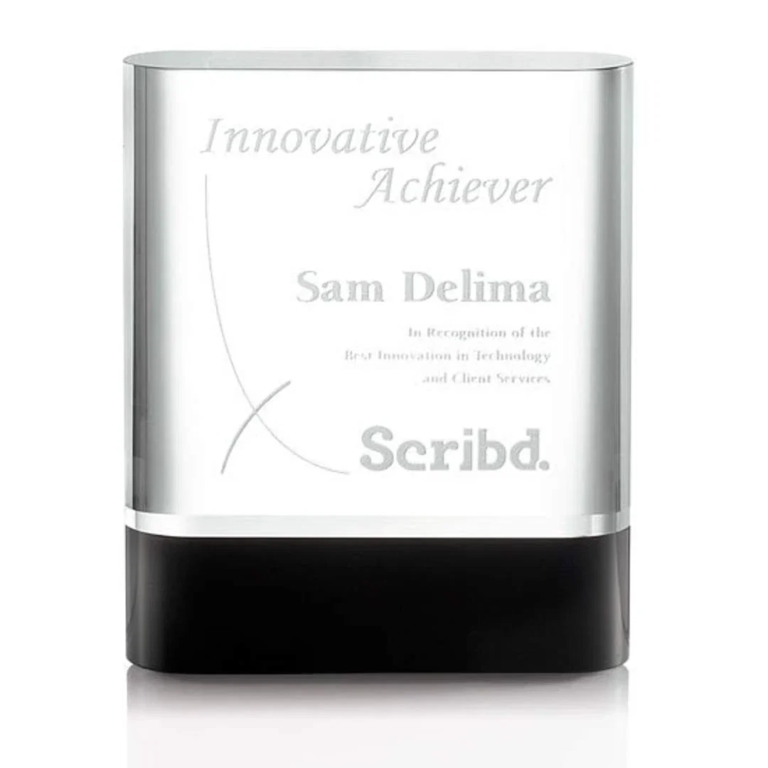 Custom Clear and Black Optical Crystal Rounded Award, awards for corporate award ceremonies