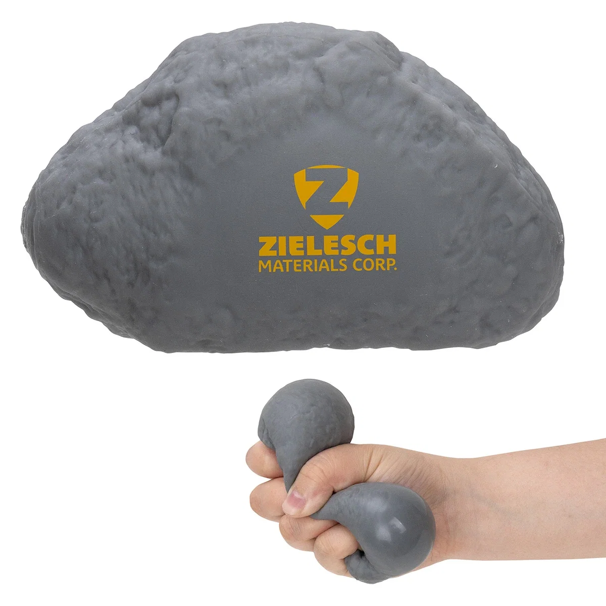 Custom Tuff Rock stress reliever, front view of the branded foam rock