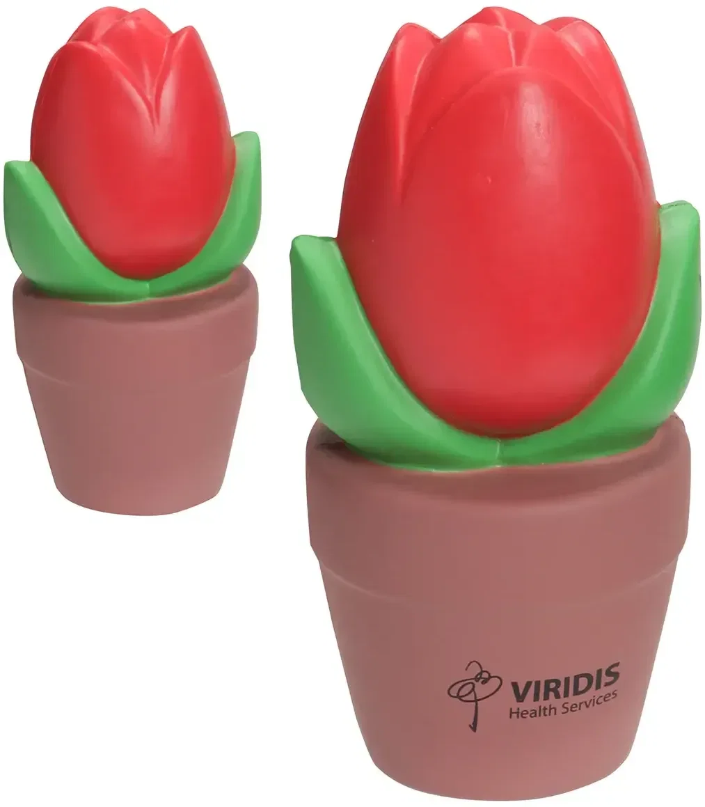 Potted tulip-shaped custom stress reliever squeeze toy with logo branding, front view