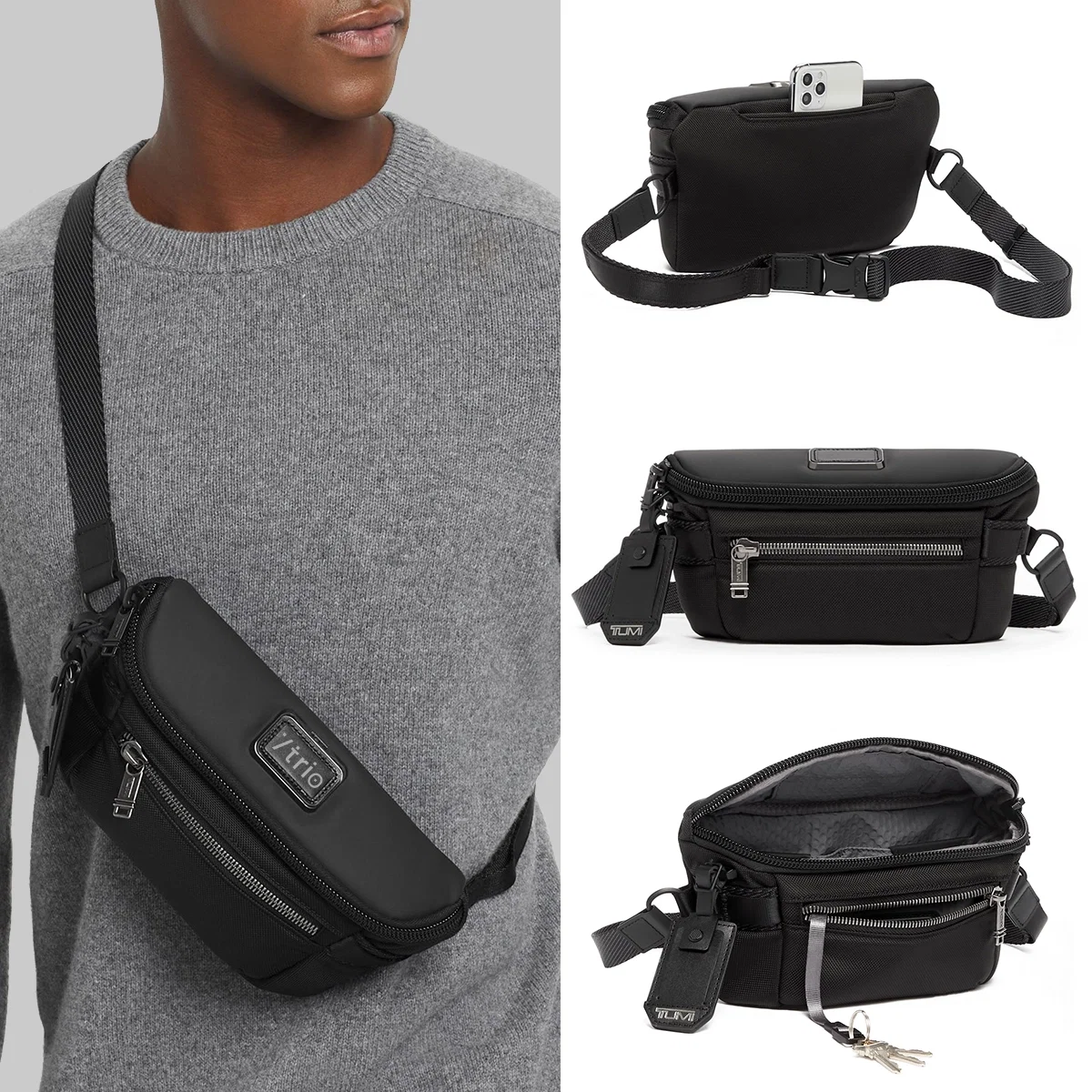 Black waist pack measuring eleven inches across