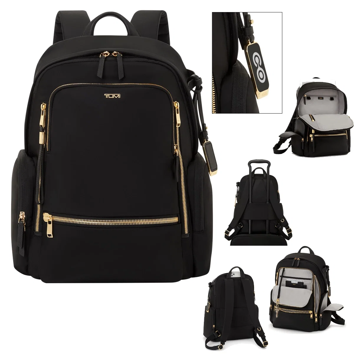 Black backpack with padded straps and a structured sixteen inch body
