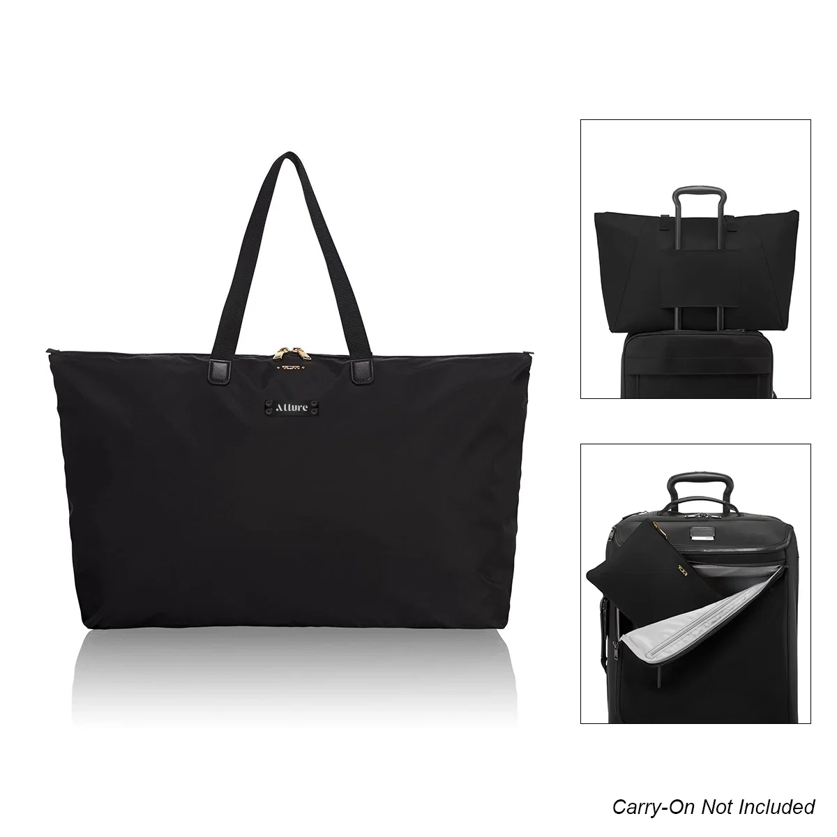 Black tote bag with dual shoulder straps and a roomy main compartment