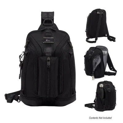 Black sling backpack with a single strap for crossbody wear