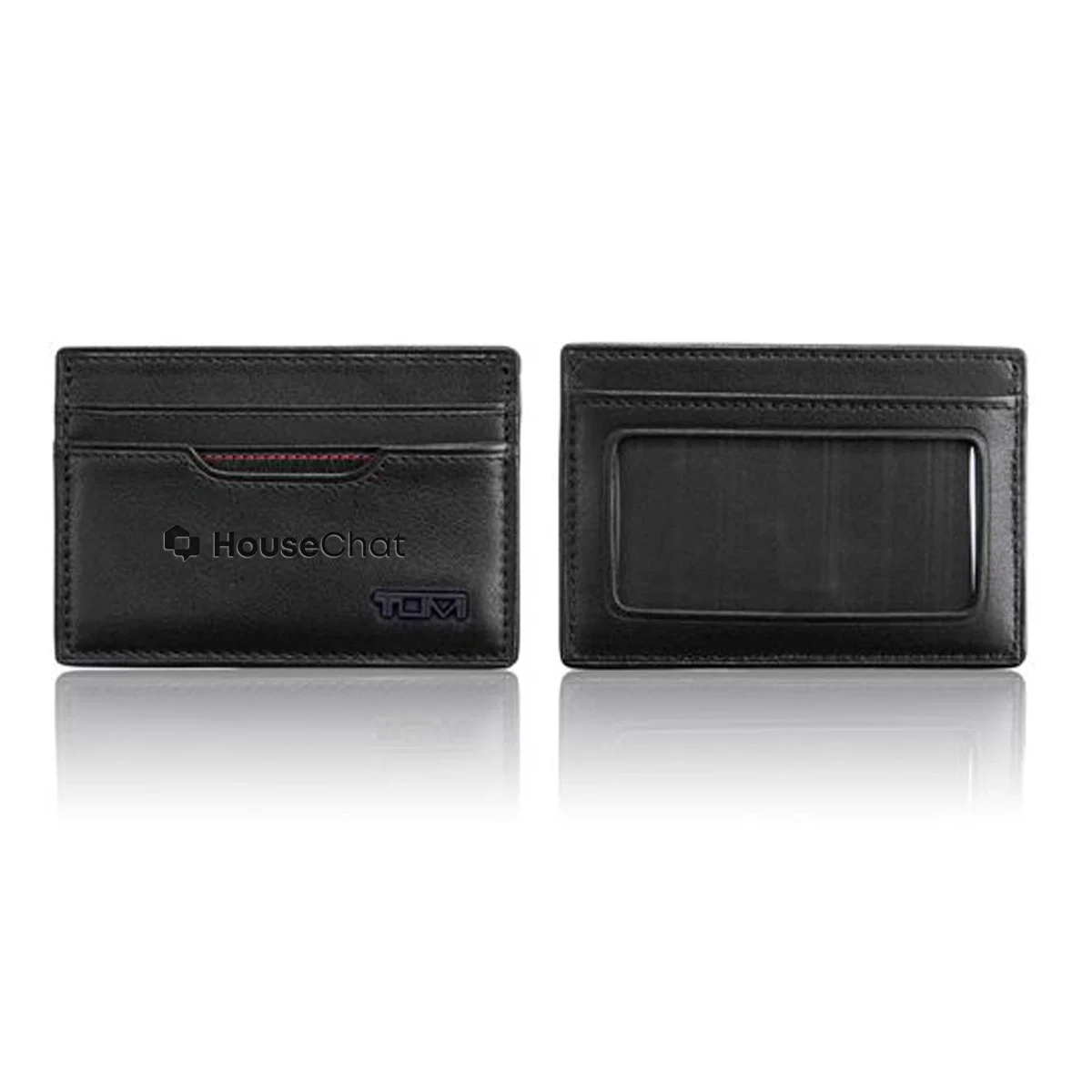 Slim black card case measuring four by three inches