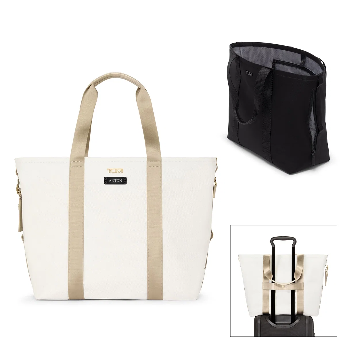 Black tote bag measuring twenty-two inches wide