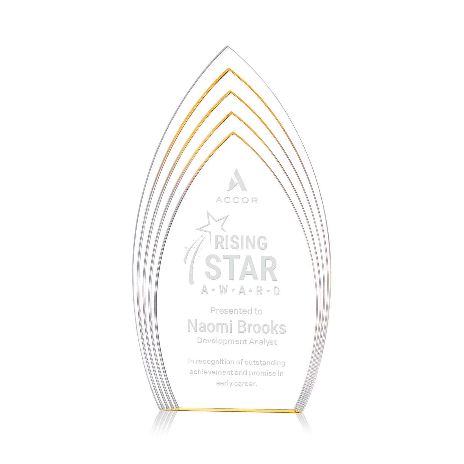 Custom Layered Acrylic Arrowhead Award with Color-Reflecting Base for volunteer appreciation