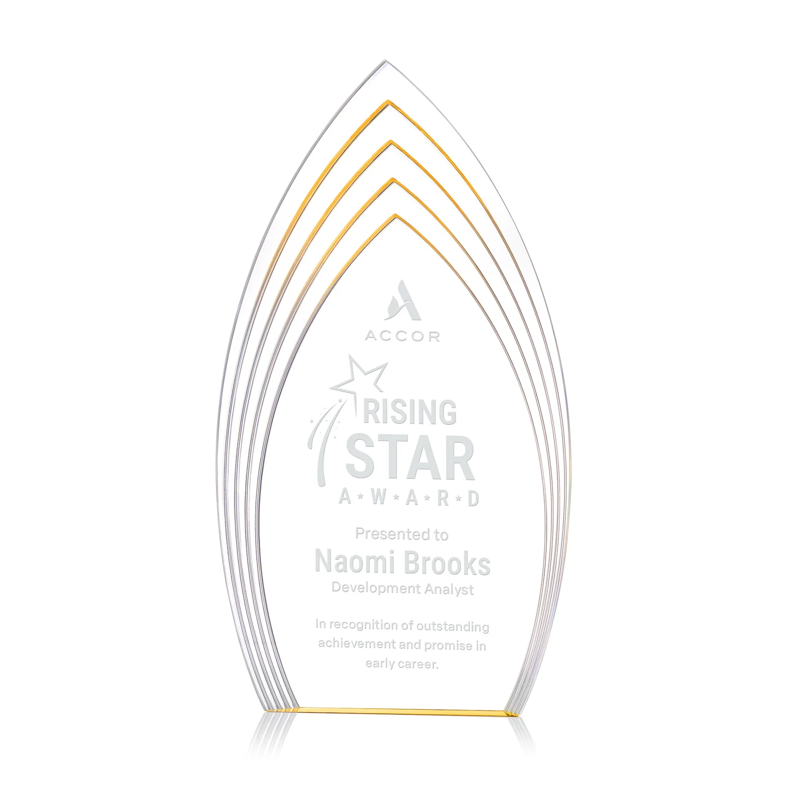 Custom Layered Acrylic Arrowhead Award with Color-Reflecting Base for dealer and partner awards