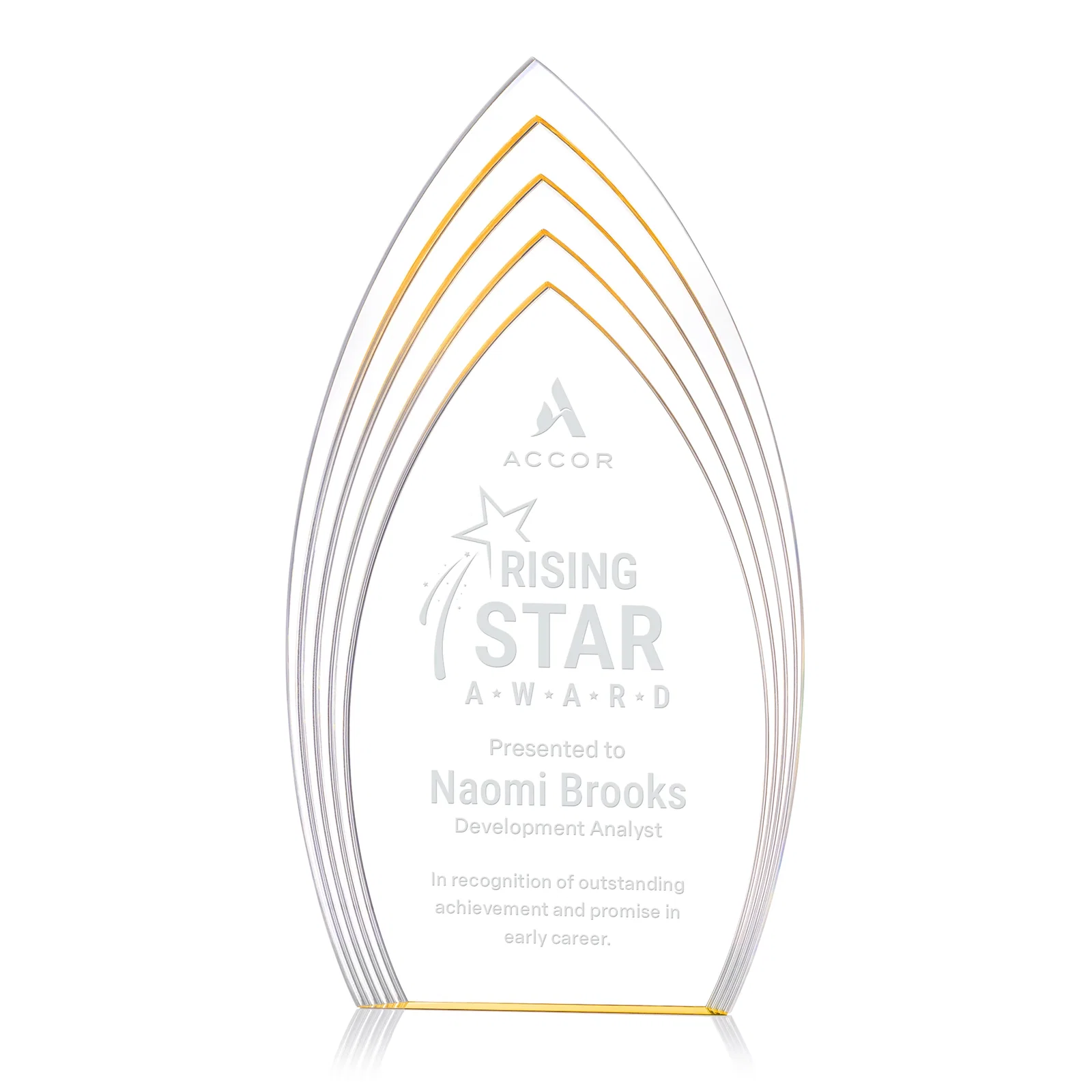 Custom Layered Acrylic Arrowhead Award with Color-Reflecting Base for company anniversary events