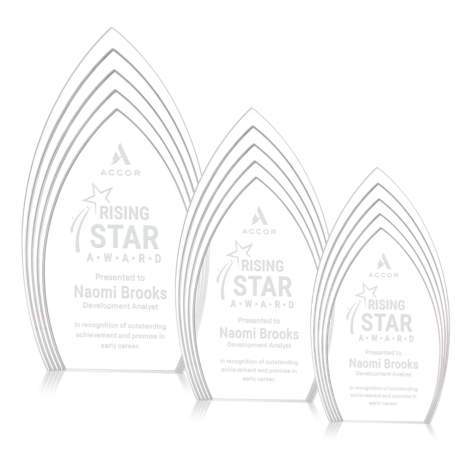 Custom Layered Acrylic Arrowhead Award with Color-Reflecting Base for retirement presentations