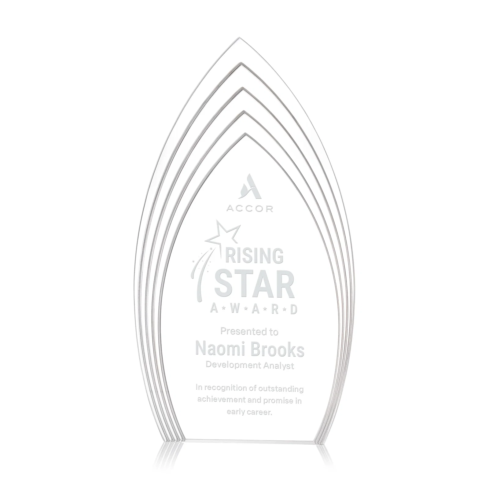 Custom Layered Acrylic Arrowhead Award with Color-Reflecting Base for donor appreciation
