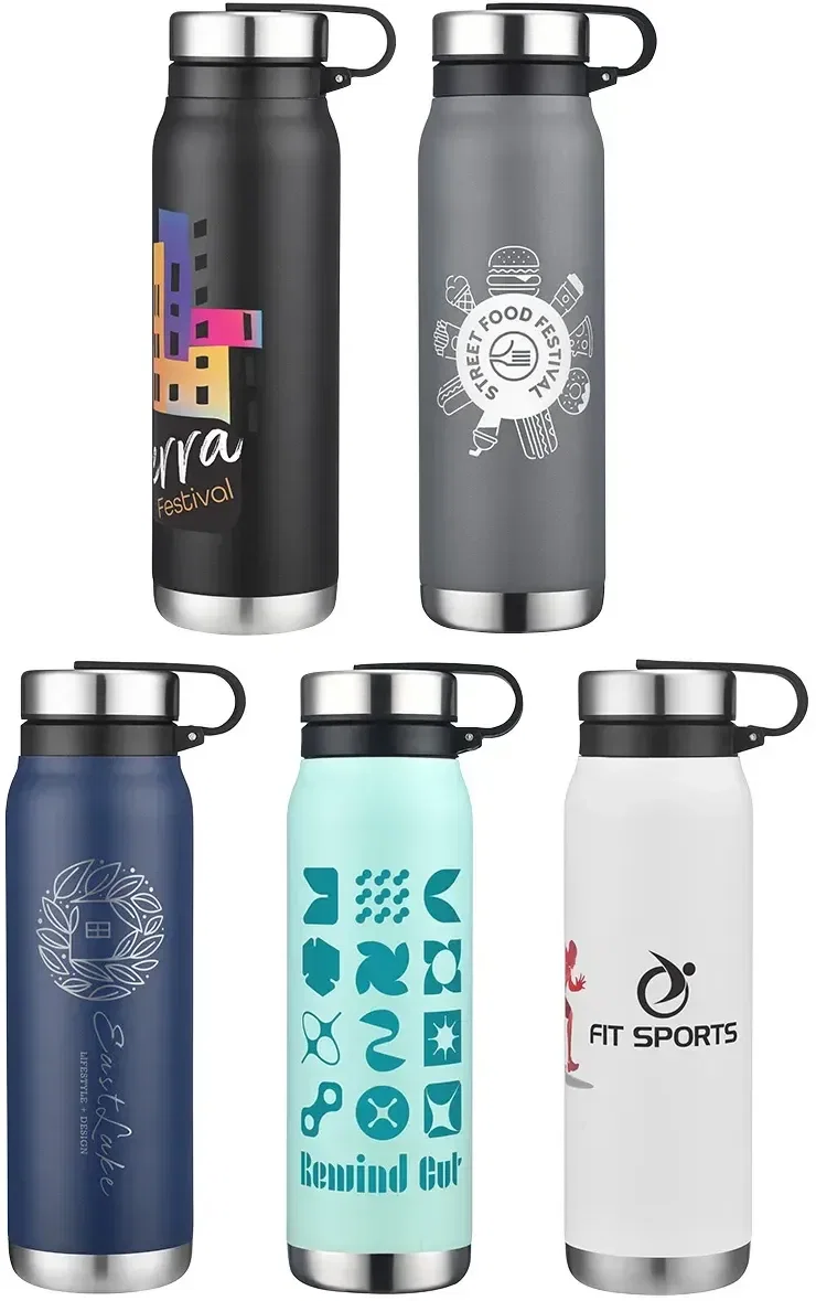 Turin 20 oz twist-cap insulated stainless steel water bottle with custom logo, front view