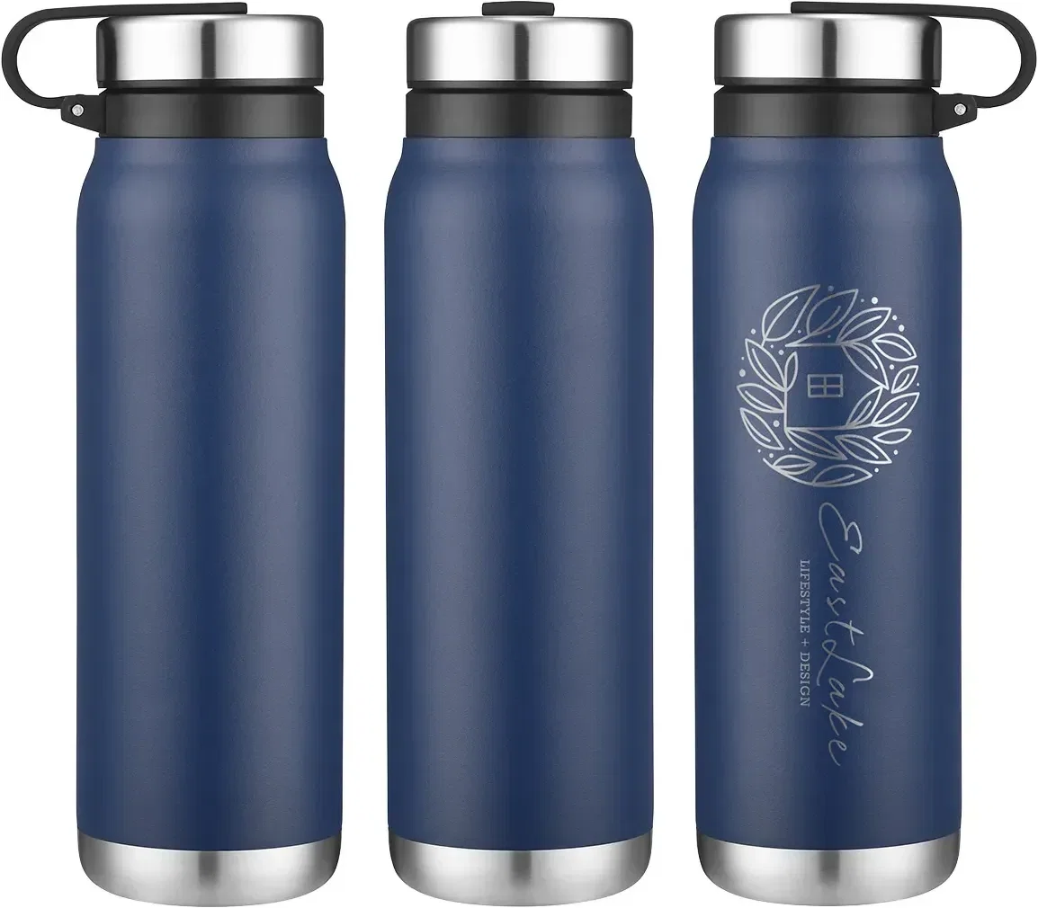 Turin 20 oz branded insulated bottle side profile with twist cap, custom stainless steel drinkware