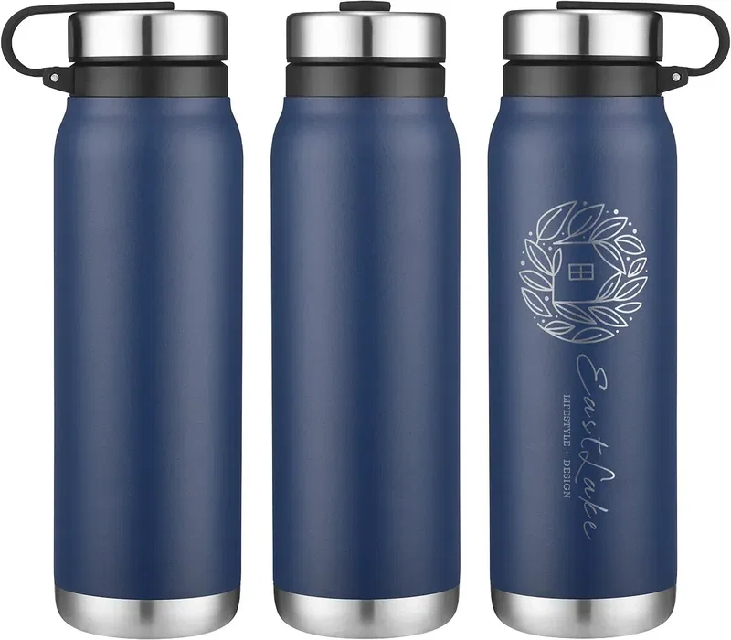 Turin 20 oz branded insulated bottle side profile with twist cap, custom stainless steel drinkware