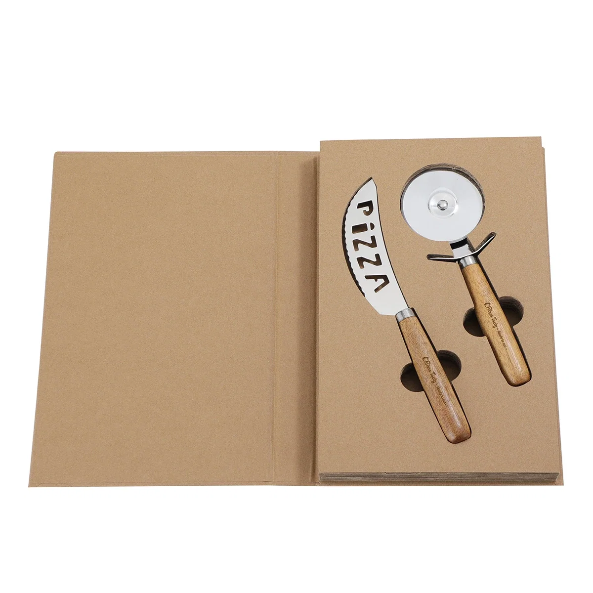 Angled view of the Tuscany pizza cutter set