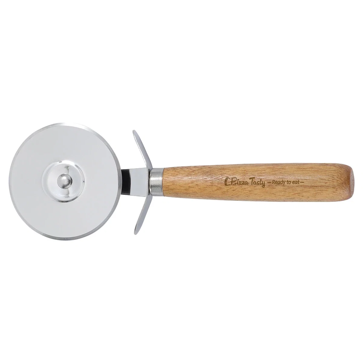 Close-up of the Tuscany pizza cutter's rolling wheel and wood handle