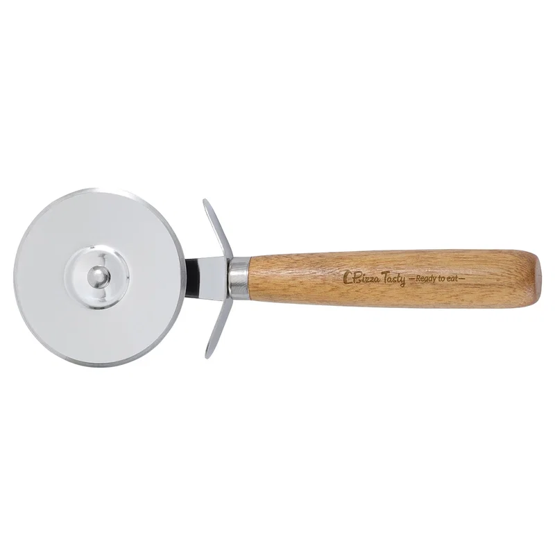 Close-up of the Tuscany pizza cutter's rolling wheel and wood handle