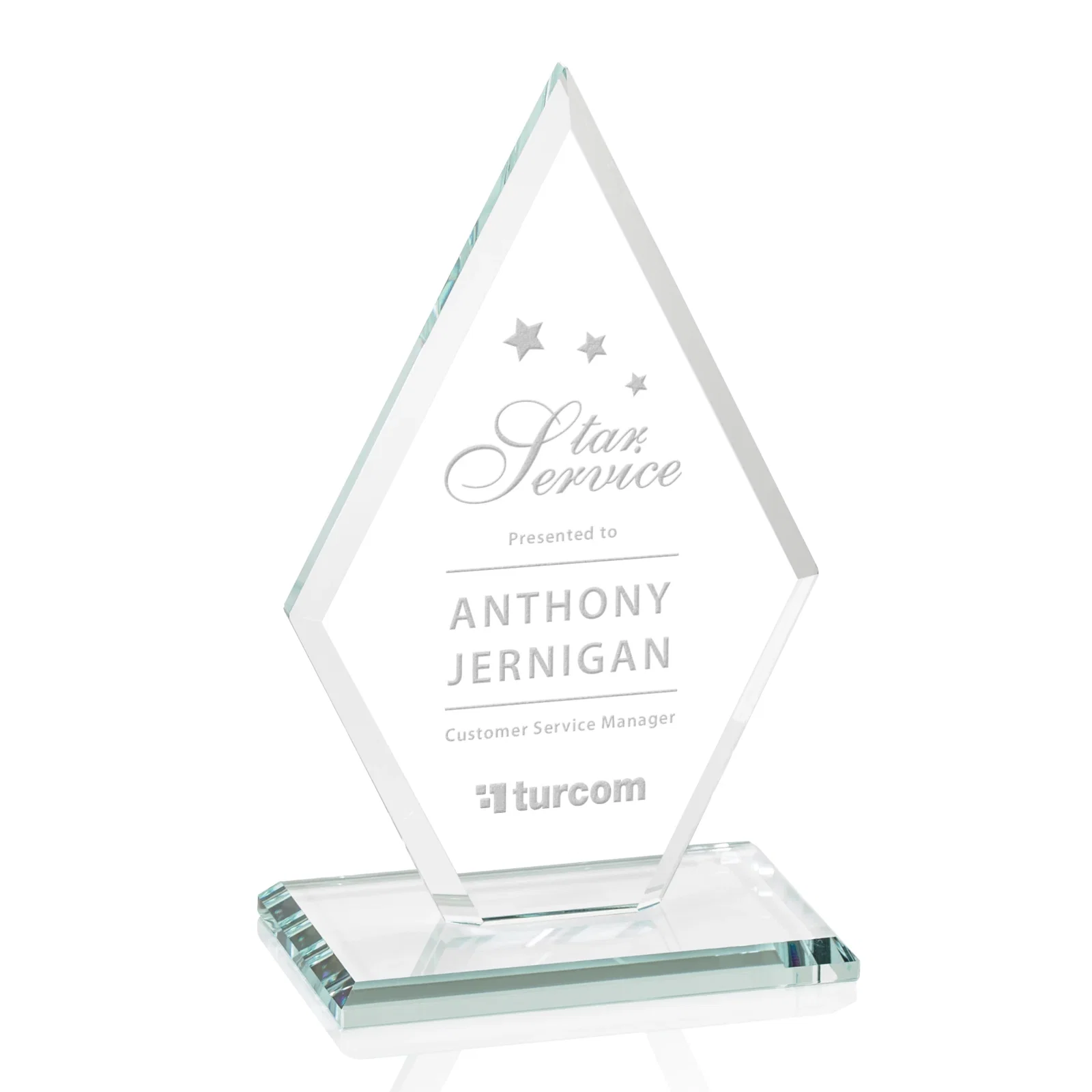 Custom Starfire Crystal Diamond Award in a Beveled Frame for company anniversary events