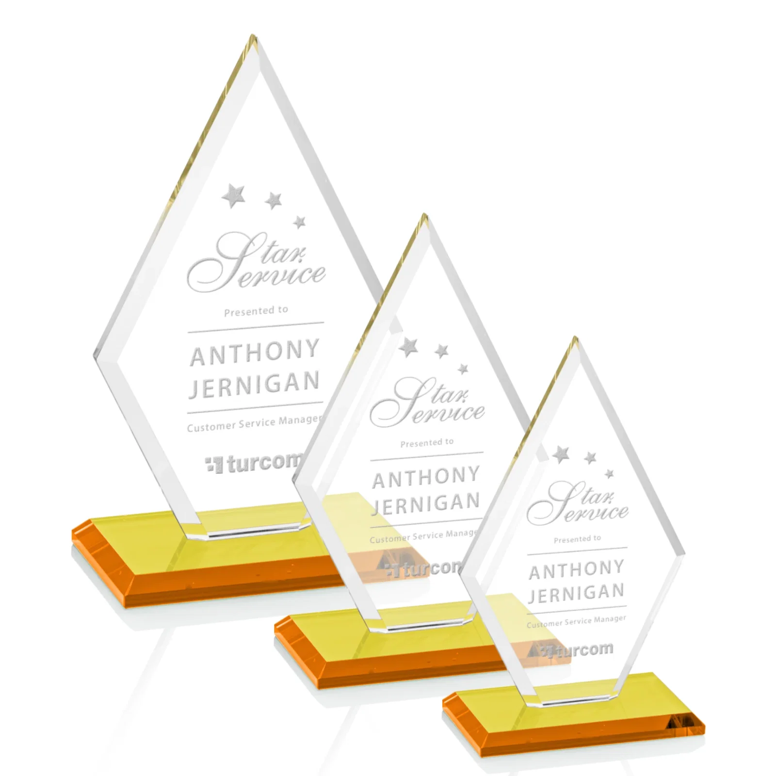 Personalized Starfire Crystal Diamond Award in a Beveled Frame for employee recognition
