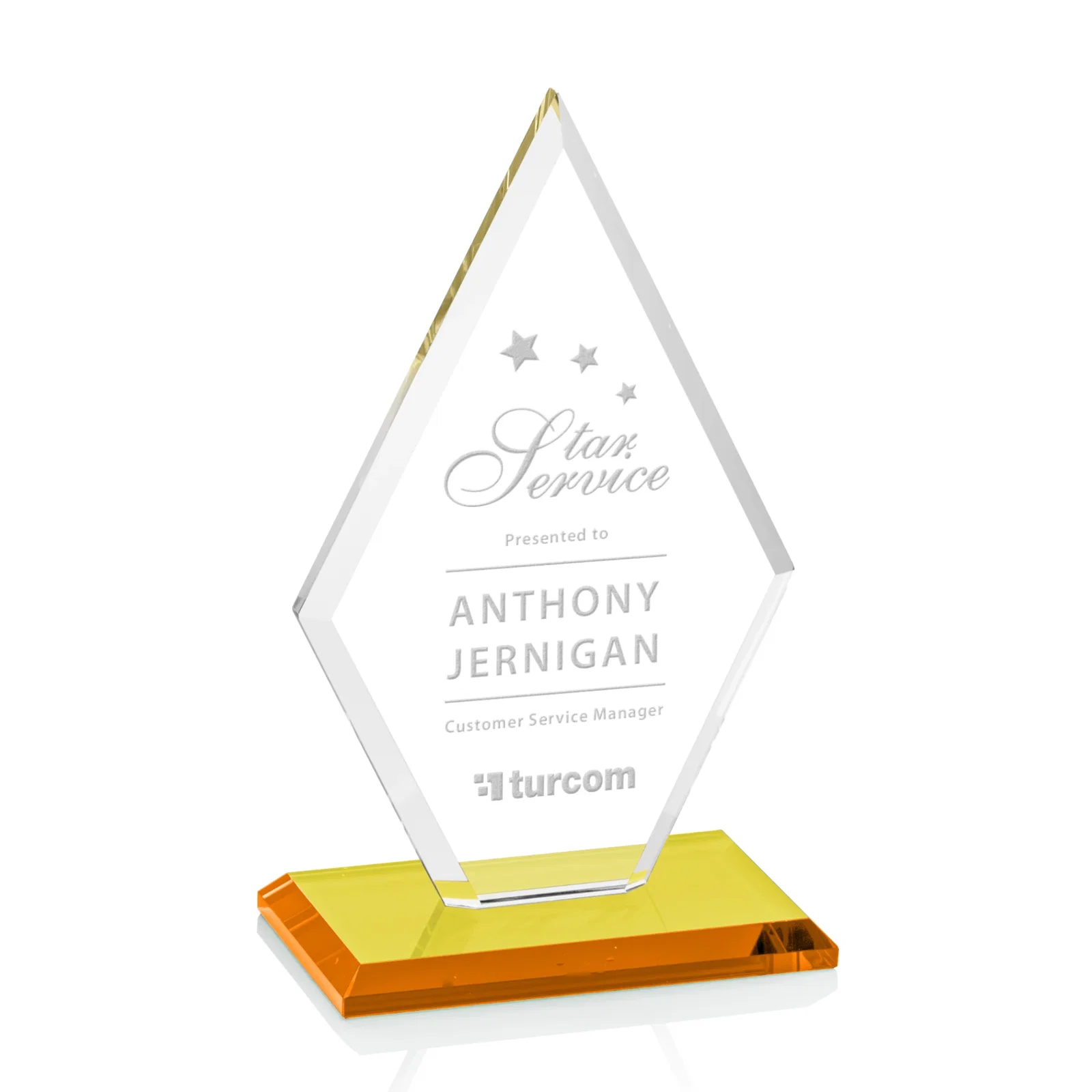 Personalized Starfire Crystal Diamond Award in a Beveled Frame for service anniversary gifts