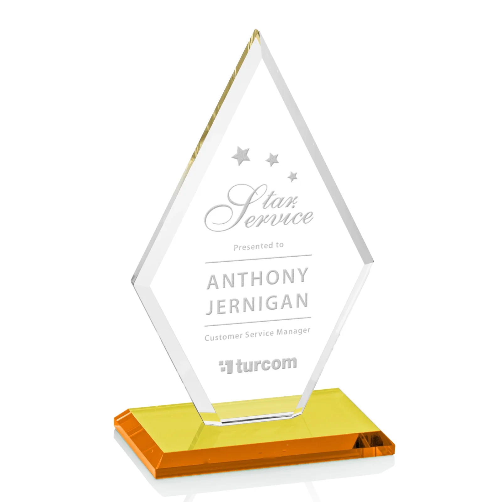Personalized Starfire Crystal Diamond Award in a Beveled Frame for sales achievement awards